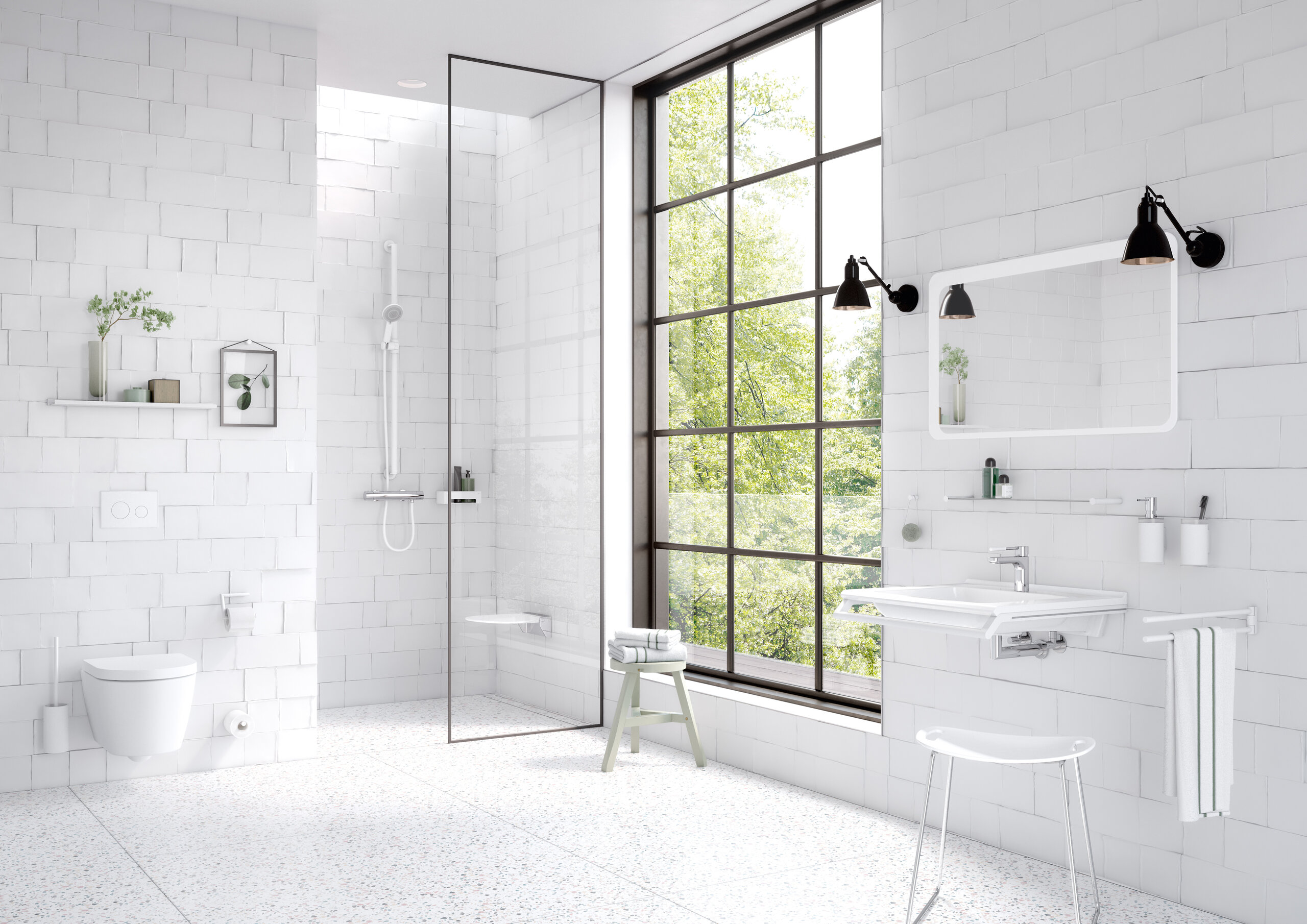Badkamer, uitgerust met sanitaire accessoires zoals handdoekrek, zeepdispenser, toiletrolhouder in de kleur wit mat