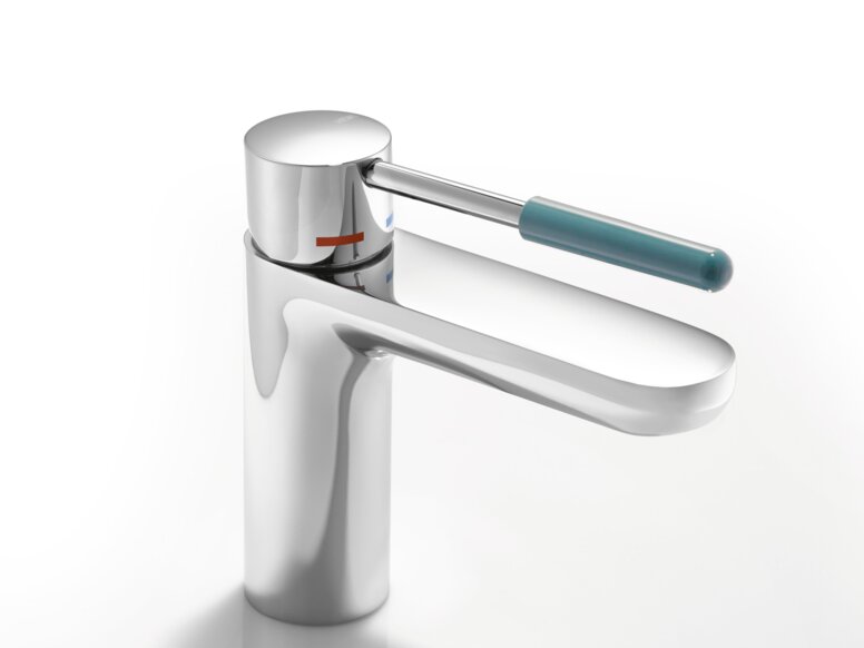 HEWI AQ Single-lever washbasin fitting Chrome-plated single tap with a long lever handle and a blue handle sleeve against a white background