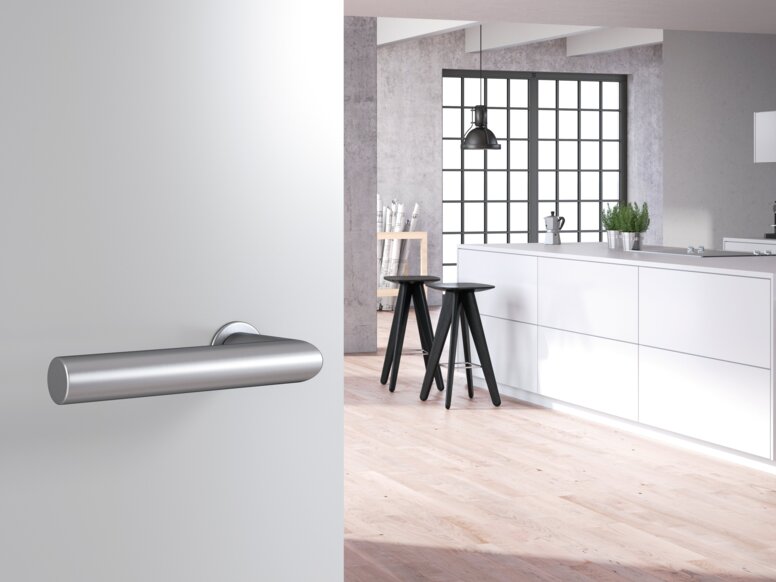 A round stainless-steel door handle on a light grey door; behind it, a room with a white kitchen