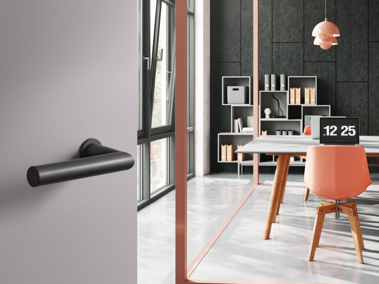 HEWI System 162 lever handle A black synthetic material door handle on a grey door; behind it, an office with a desk and chair in front of a dark grey wall