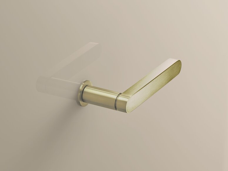 HEWI Range 270 PVD lever handle Brass-coloured PVD door handle with a brushed surface, a round rose and an even lever handle on a beige-coloured wall