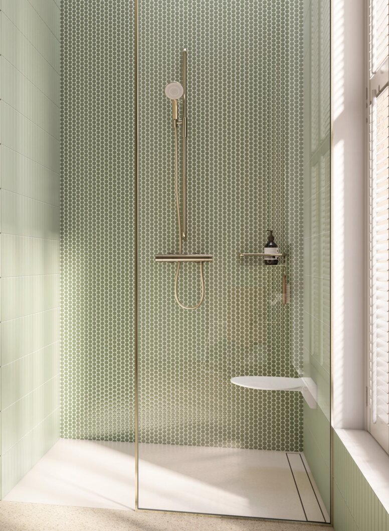 HEWI Range 480 PVD Interior Wall-hung WC with flush handle and toilet roll holder, alongside a floor-level shower with a hinged seat and rail with shower head holder