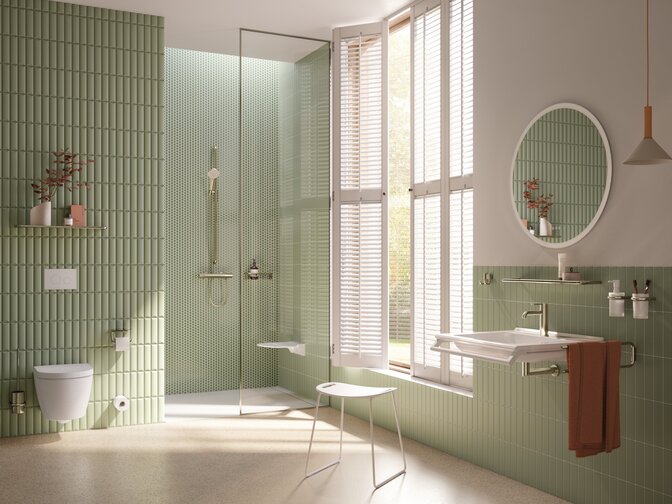 Accessible, eco-friendly bathroom with a stool by the wheelchair-accessible washbasin and a hinged seat in the shower