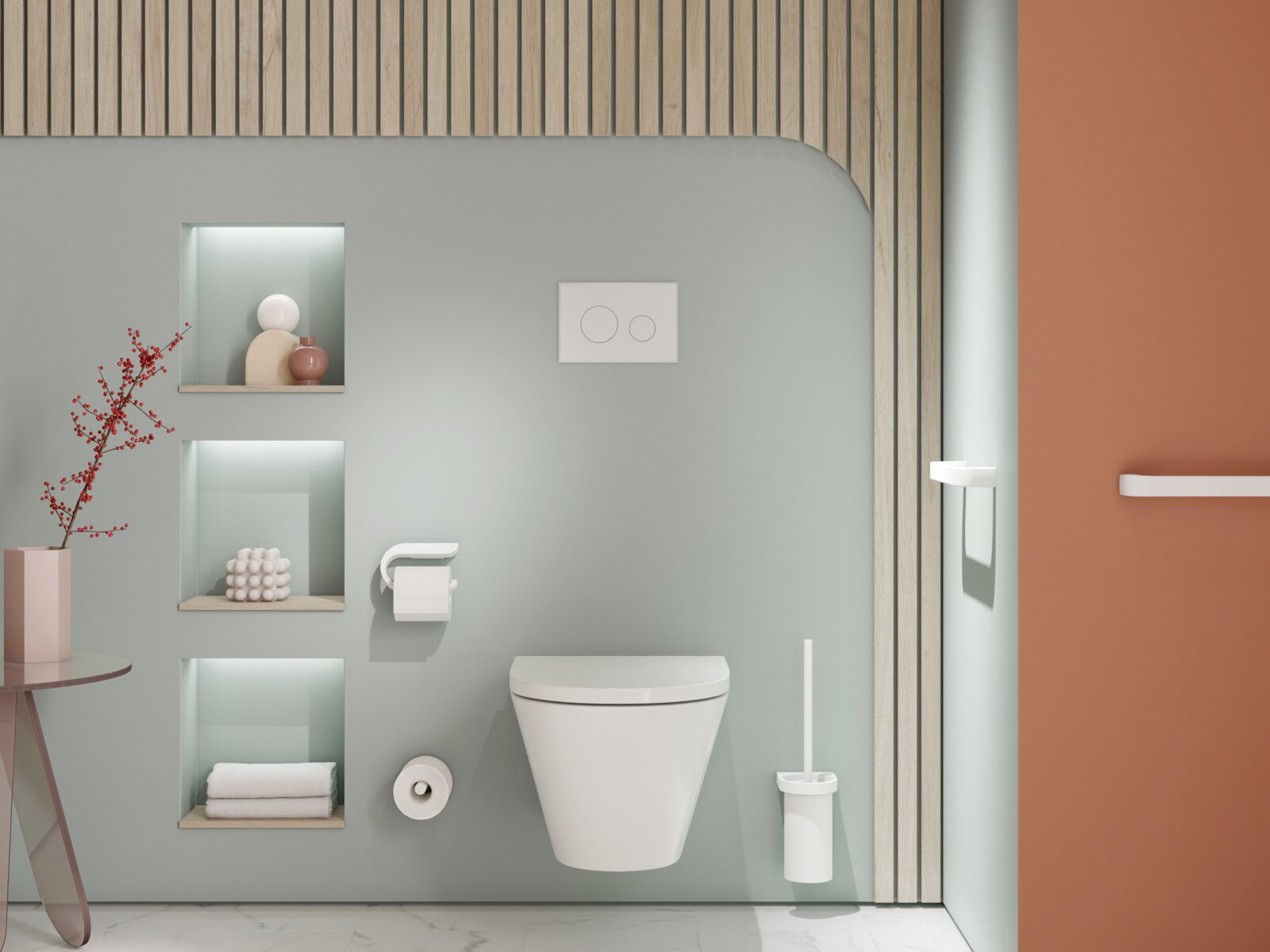 HEWI System 800 Interieur Wandhängendes WC mit Drückerplatte und weißer Toilettenbürste an hellblauer Wand