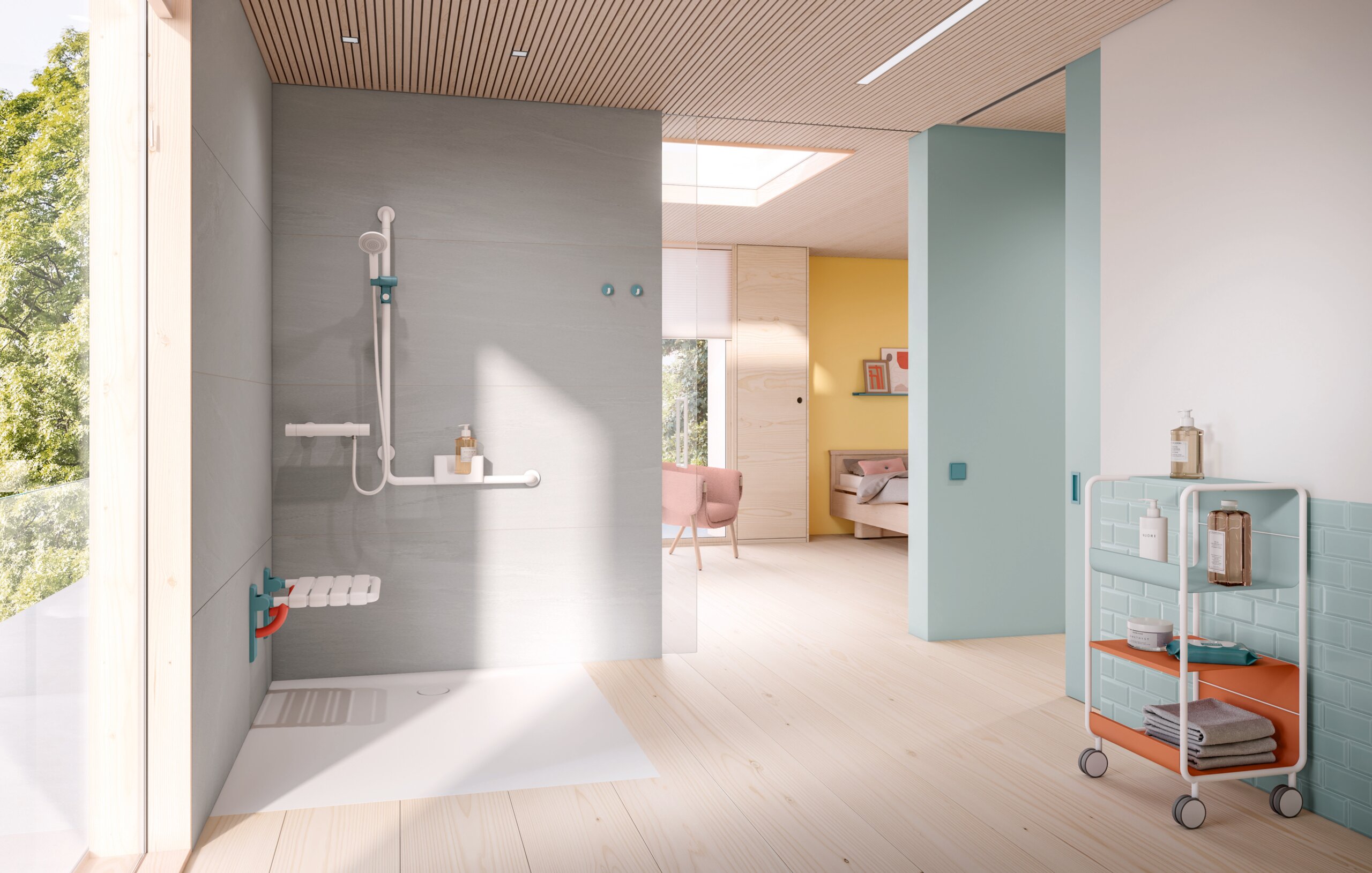 A white L-shaped shower handrail and a hinged seat in an open-plan shower area with grey walls