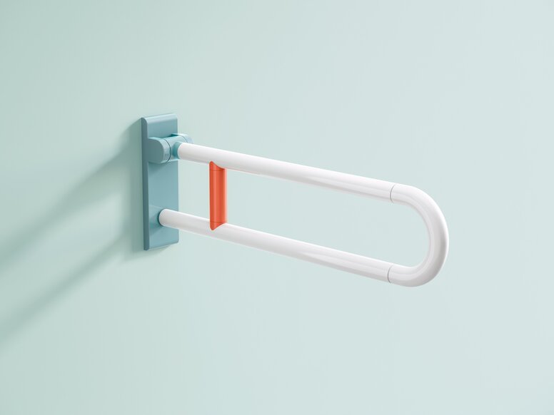Hinged synthetic material support handle with a blue wall bracket and an orange support bar positioned centrally on a light blue wall