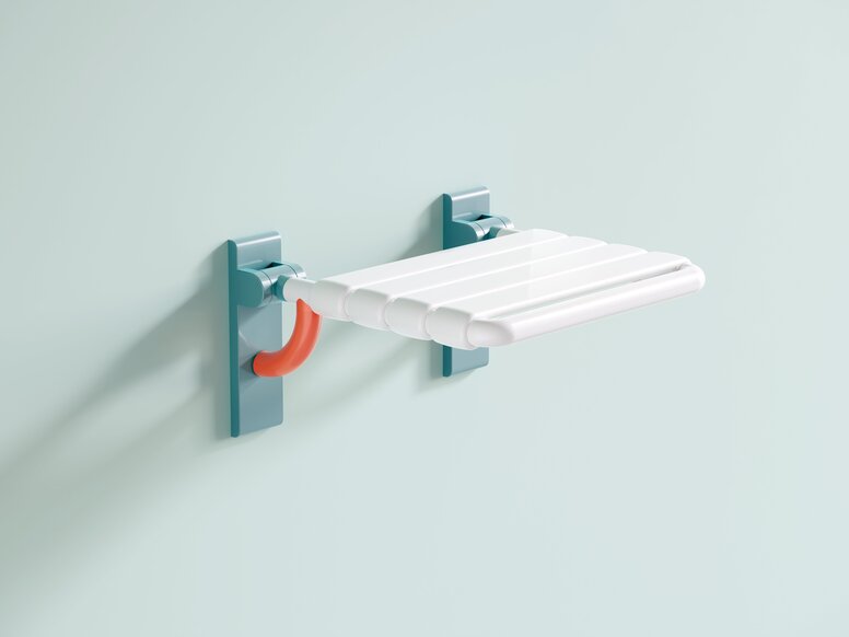 Hinged synthetic material shower seat with four white bars and blue and orange sections, for mounting on a light blue wall
