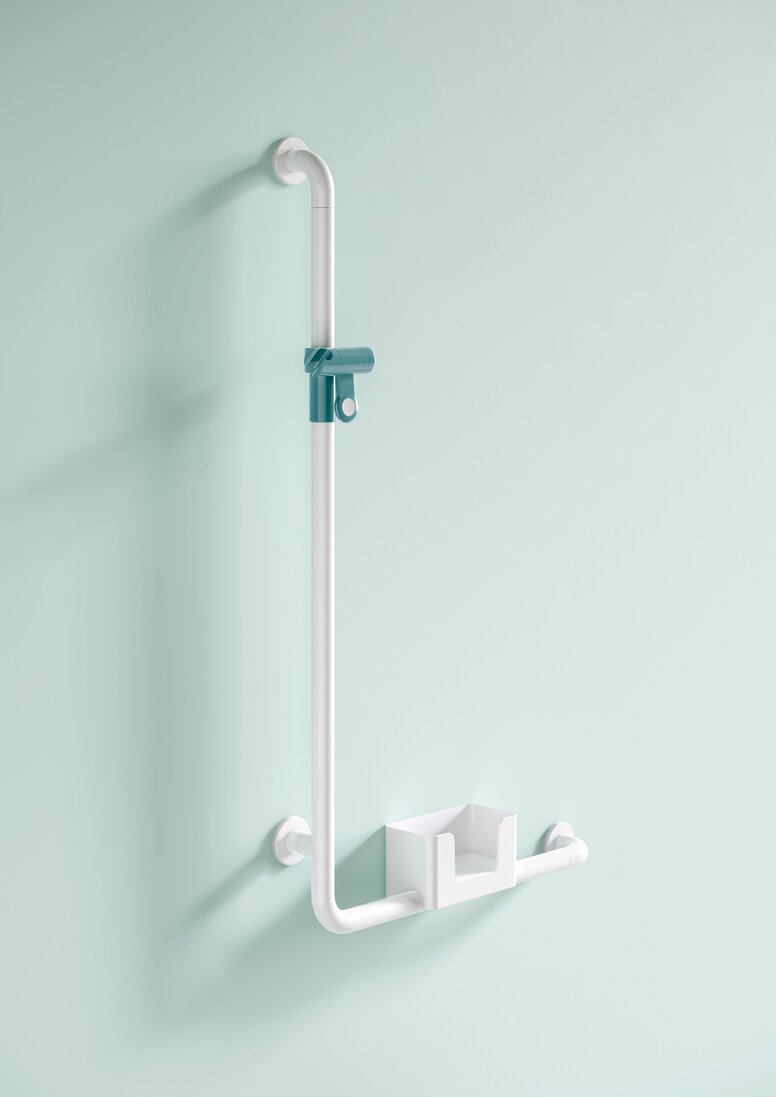 White synthetic material L-shaped shower handrail with a shower tray against a light blue wall