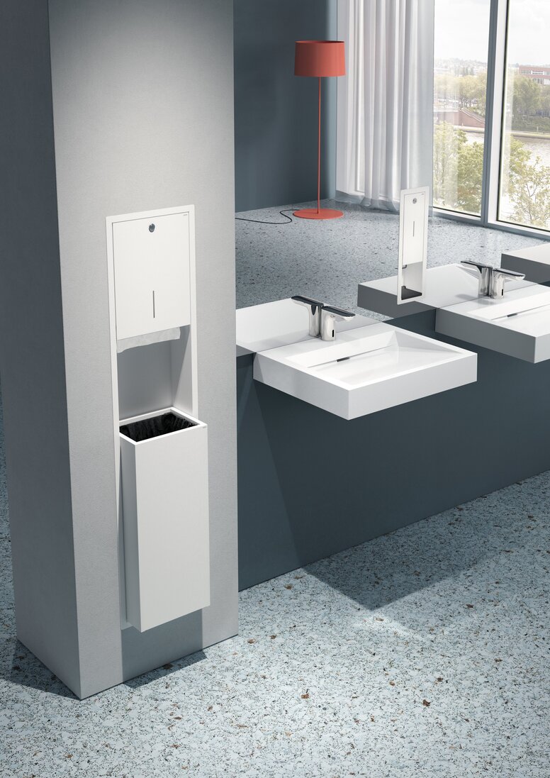 White powder-coated paper towel dispenser with integrated waste bin for wall mounting in public WCs