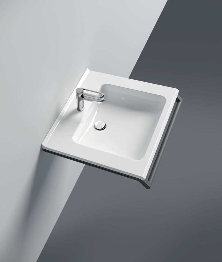 HEWI S950 washbasin White mineral composite washbasin with tap and a dark grey, front-mounted support rail on a light grey wall