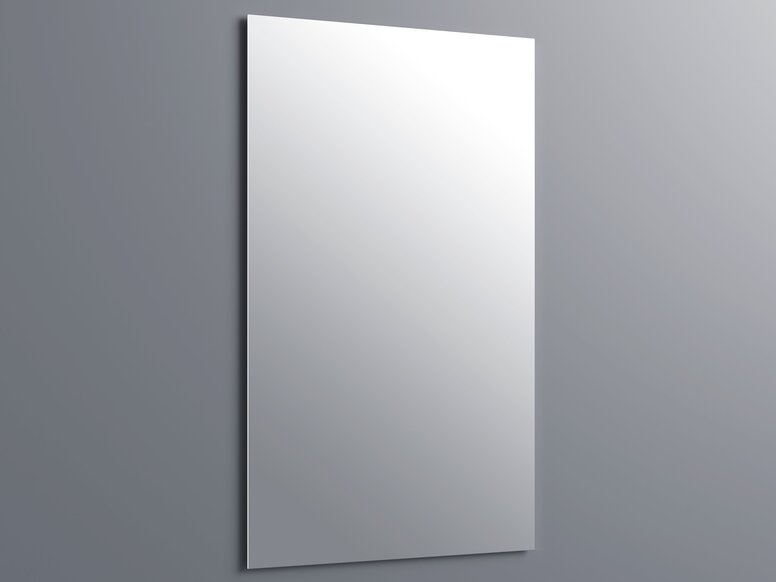 HEWI S950 plate glass mirror A rectangular, frameless mirror on a smooth grey wall