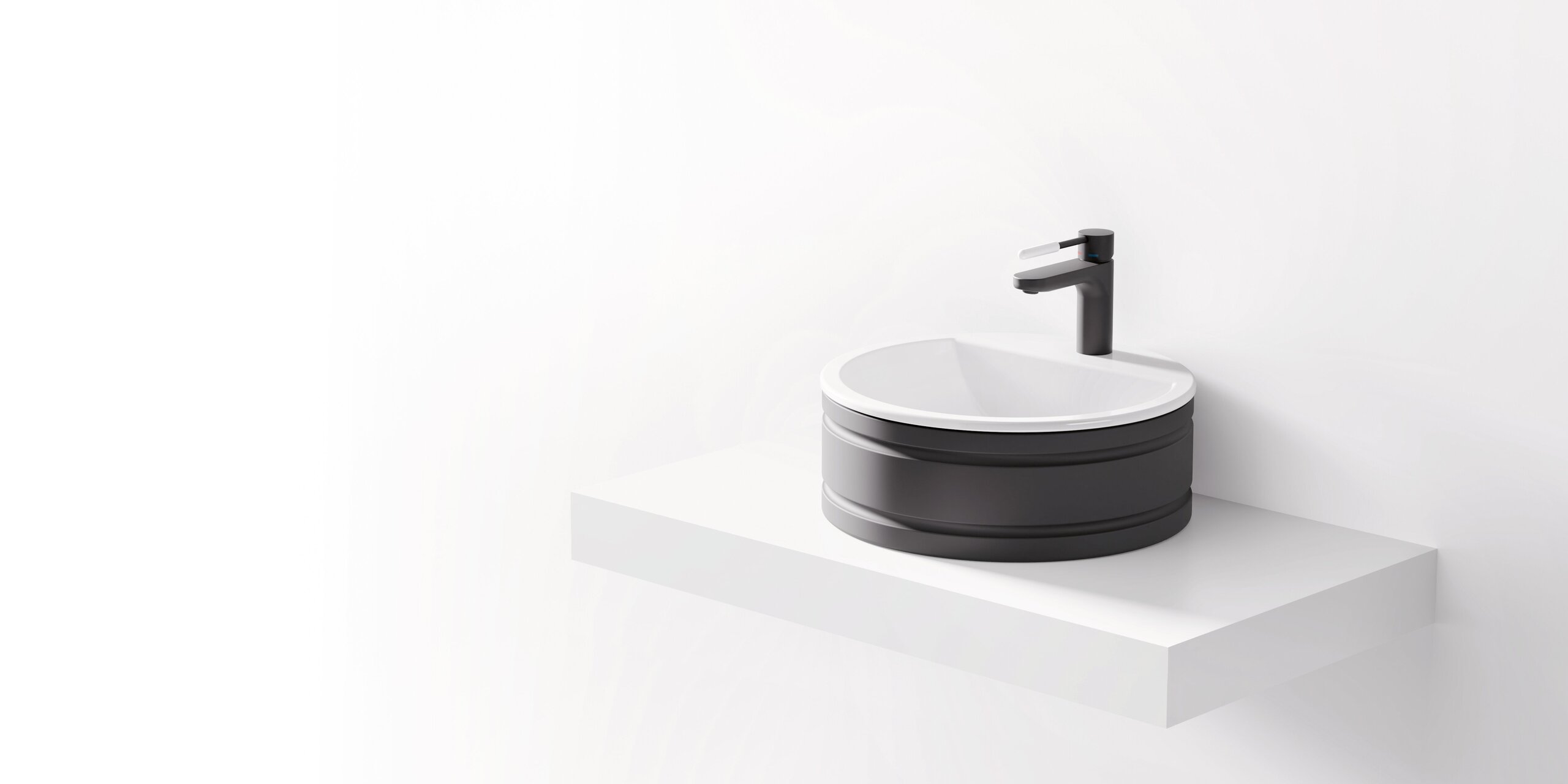 Round mineral composite washbasin with a white basin surface, black plinth and black tap, mounted on a white wall bracket
