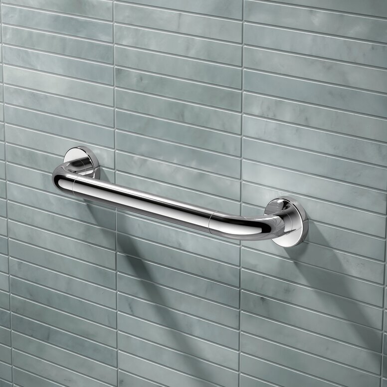 HEWI WARM TOUCH support rail Chrome-plated support rail fitted to a light blue tiled wall