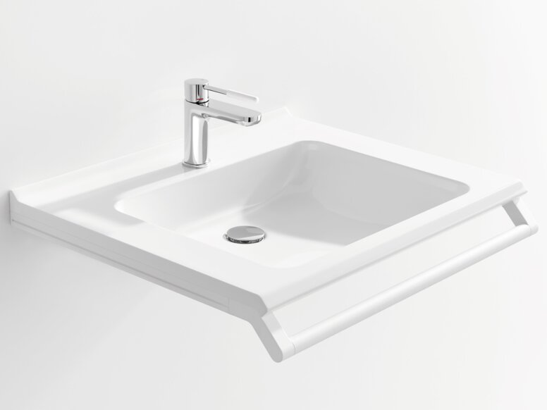 HEWI Waschtisch Weißer Waschtisch mit einer rechteckigen Beckenmulde, einem verchromtem Wasserhahn und einem Haltegriff an der Vorderkante