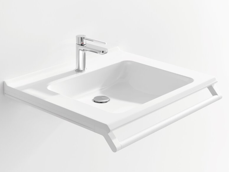 HEWI washbasin White washbasin with a rectangular bowl, a chrome-plated tap and a support rail along the front edge