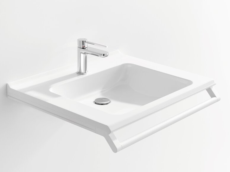 HEWI washbasin White washbasin with a rectangular bowl, a chrome-plated tap and a support rail along the front edge