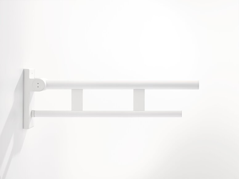 HEWI System 900 Duo Hinged Support Rail White Duo hinged support rail with two horizontally arranged parallel rails connected by vertical supports against a white wall