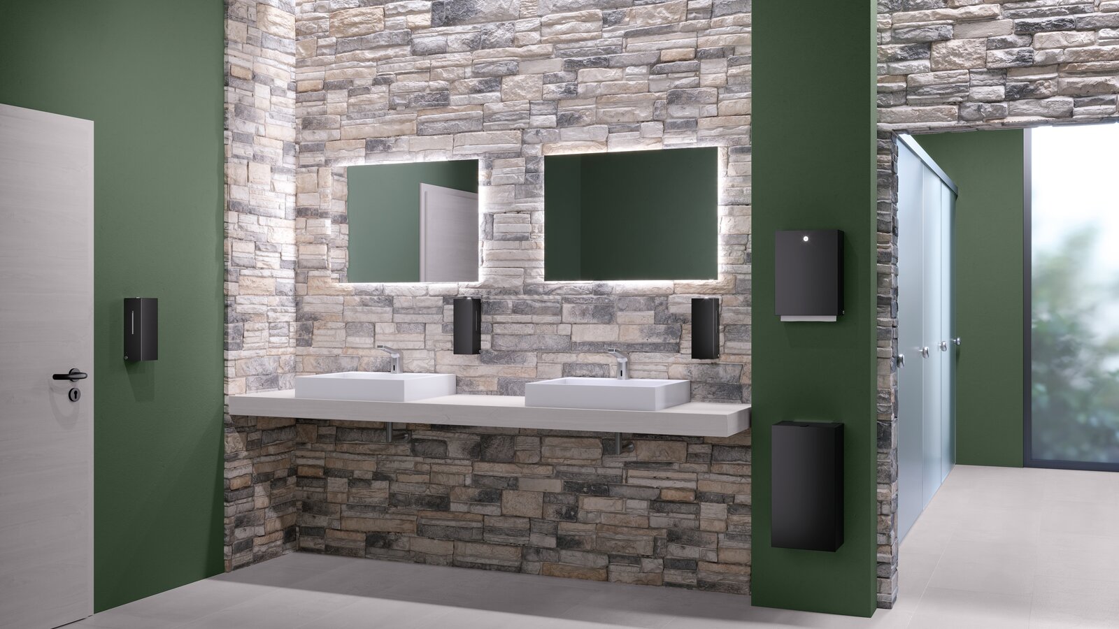 Public WC equipped with soap, disinfectant and paper towel dispensers in matt black